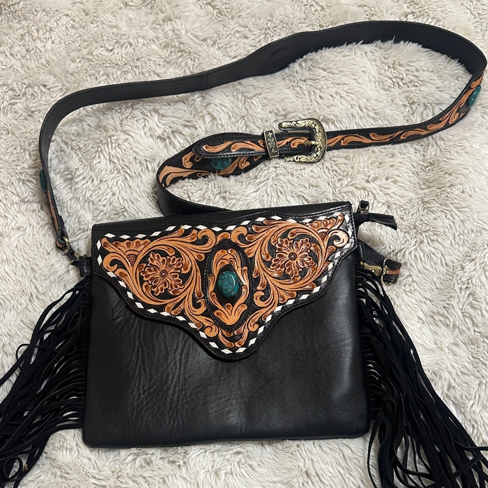 Black leather western crossbody